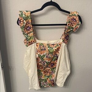 Anthropologie Cream Floral Embroidered Peasant Top